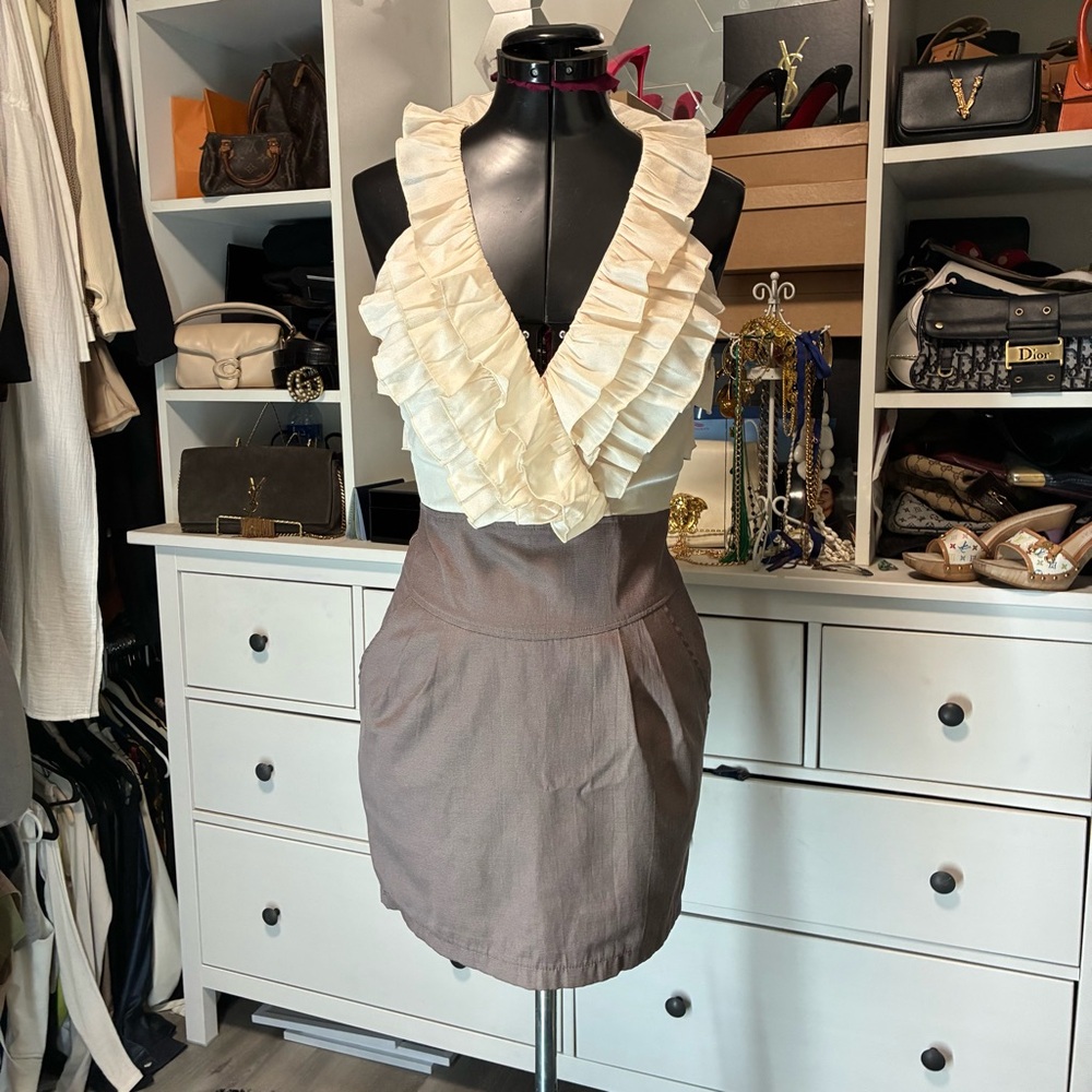 Cream and Brown Ruffled Dress - Picture 3 of 6